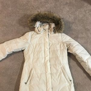 North Face white puffy jacket with fur hood